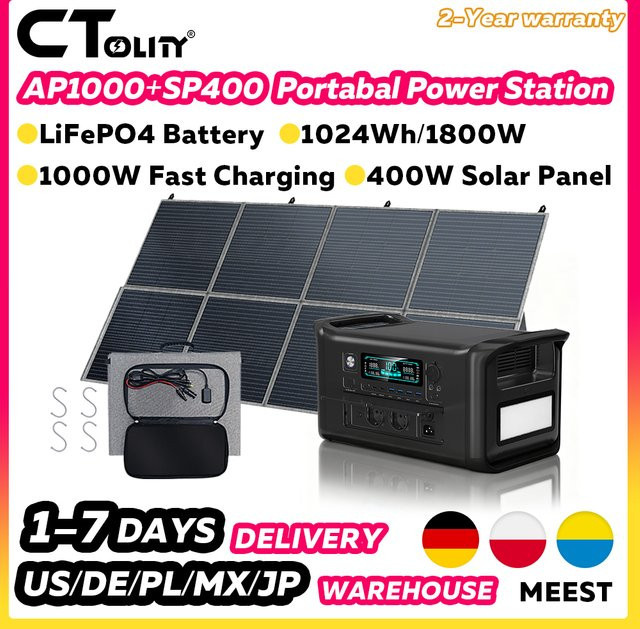 CTOLITY Tragbare UPS-Stromstation mit 1800W, klappbarem 400W Solarpanel und 1024Wh LiFePO4-Batterie, Solargenerator in Schwarz - Bild 1