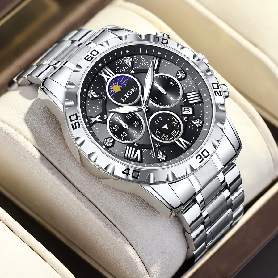 LIGE Armbanduhr Chronograph, Edelstahl, Quarz, Schwarz, Herren - Bild 6