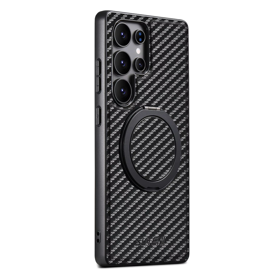 SUTENI Kohlefaser-Handyhülle in Schwarz für Samsung Galaxy S26 Ultra, S25, S24, S23, S22 mit 360 Grad drehbarem Ständer aus PU-Leder und Ringschnalle, kabelloses Laden möglich - Bild 6