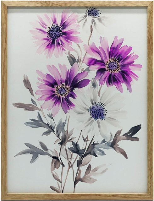 Blumenkomposition in Aquarell von Marcin Zbijowski, Wandbild mit Holzrahmen Helle Eiche, B: 50 cm, H: 70 cm - Bild 1