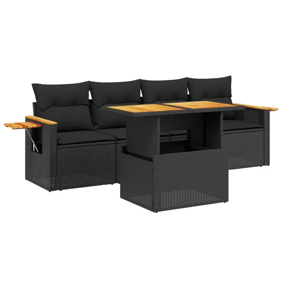 vidaXL 5-teilige Garten-Sofagarnitur aus Polyrattan in Schwarz mit Kissen und Tisch - Bild 2