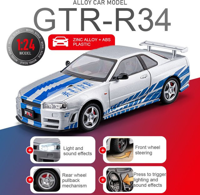 MAKEDA GTR-R34 Miniaturmodell, 1:24 Maßstab, mit Licht und Sound, Schwarz - Bild 1