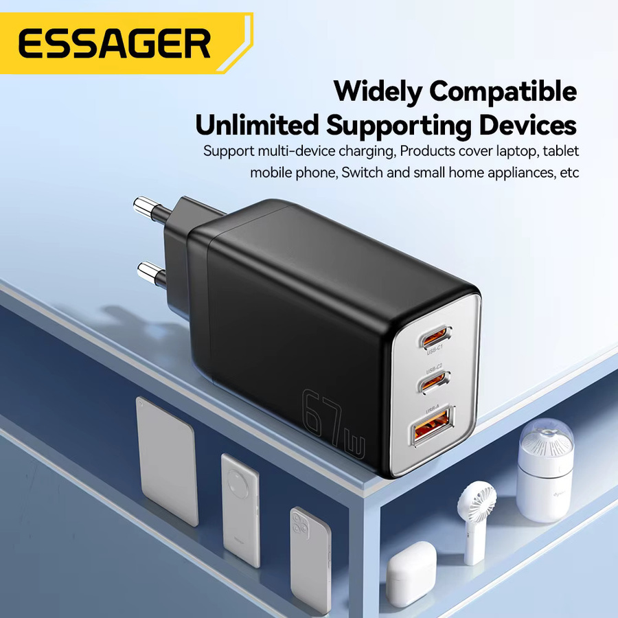 Essager 67 W GaN USB-Ladegerät mit USB-C Schnellladung QC 4.0 und PD 3.0 in Schwarz - Bild 3