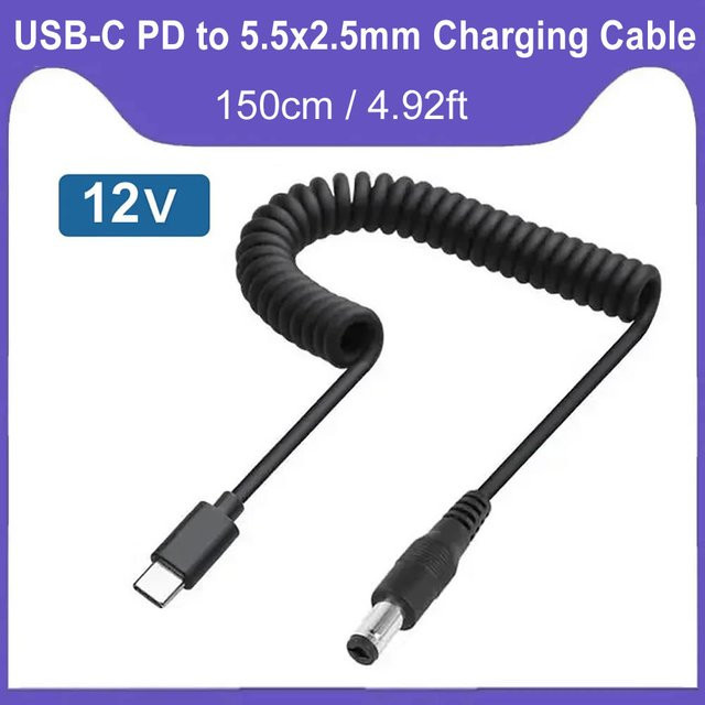 USB-C auf DC 5,5 x 2,1 mm PD Schnellladekabel mit Teleskopfeder, 12V 3A, Schwarz - Bild 1