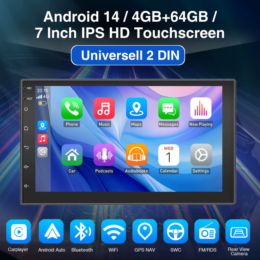ESSGOO Autoradio mit 7 Zoll Display, Android 13, Wireless CarPlay und Android Auto, 4+64GB, DAB+, GPS, Bluetooth, WiFi, AHD Kamera, Schwarz - Bild 2