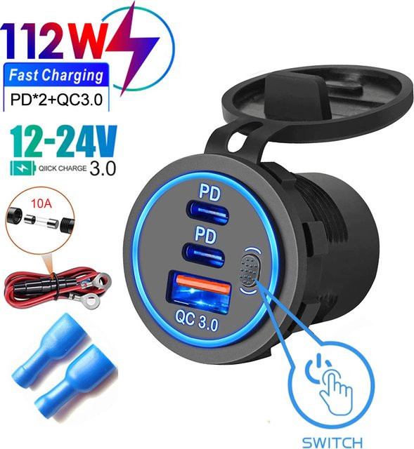 Kebidumei PD QC3.0 Schnellladegerät mit zwei USB-Anschlüssen und LED-Touch-Schalter in Schwarz, wasserdichtes Netzteil für iPhone, Samsung und Huawei - Bild 1