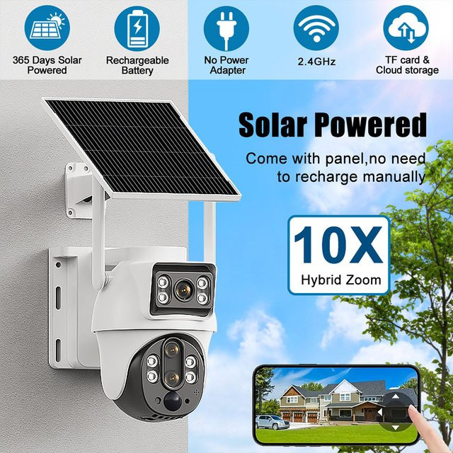 XIAOVV WLAN-Solarkamera mit Doppellinsen für Außenbereich, 6MP, kabellose Akku-IP-Kamera mit PIR-Nachtsicht, Farbe: Weiß - Bild 1