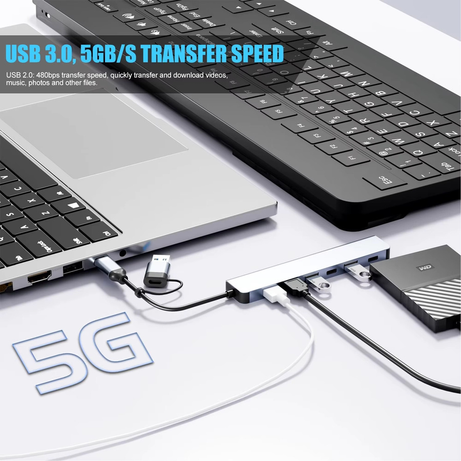 7-in-1 USB-C-Hub mit USB 3.0 und USB 2.0 Anschlüssen für Hochgeschwindigkeits-Datenübertragung in Grau, Plug & Play für MacBook Pro, MacBook Air, PC, iPad und Laptops - Bild 2