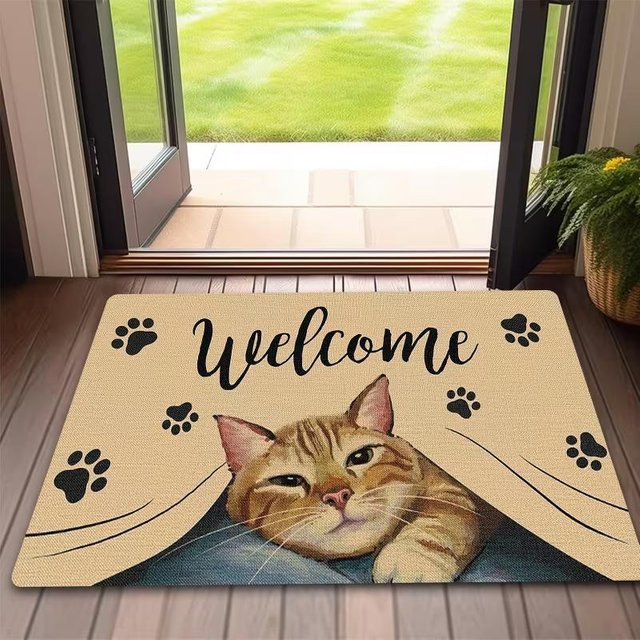 Willkommens-Fußmatte Lodestar mit orangefarbener Katze, rutschfeste Bodenmatte aus Polyester, B/B: 30 x 50 cm - Bild 1