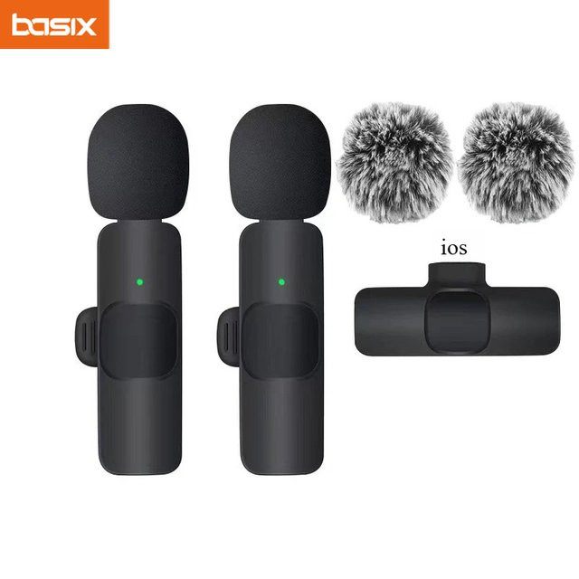 Basix Mini Kabelloses Lavalier-Mikrofon in Schwarz mit windgeschützter Austauschbarer Wolle für iPhone und Android zur Audioaufnahme bei YouTube und Vlogs - Bild 1