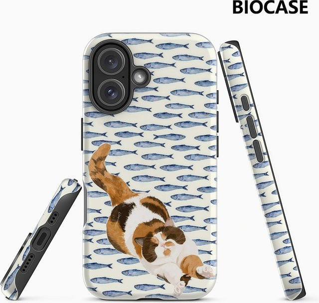 Handyhülle Katze und Schule von Fischen für iPhone 17 16 15 14 13 12 Pro Max Plus mit doppelschichtiger Rückseite in Multicolour - Bild 1