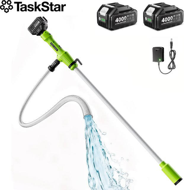 TaskStar Elektrische Transferpumpe für Wasser und Diesel in Grün mit 2 Akkus à 4,0Ah und 720 GPH Entwässerung sowie 2,2 Zoll Filter-Außendurchmesser - Bild 1