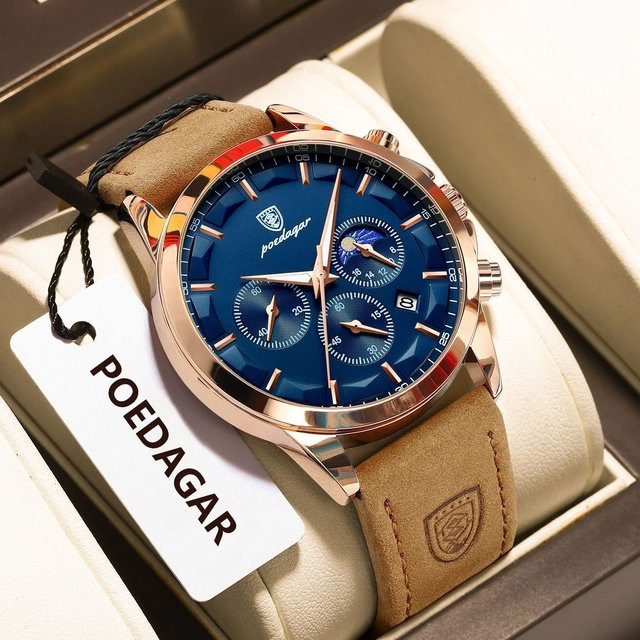 POEDAGAR Armbanduhr Chronograph, Quarz, Leder, Schwarz, Herren - Bild 1