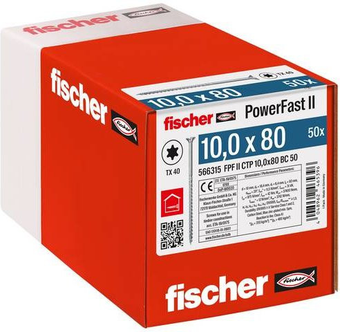 Fischer PowerFast II Senk-Holzschraube aus Stahl, galvanisch verzinkt, Farbe: Silber, Durchmesser: 10 mm, Länge: 80 mm, 50 Stück - Bild 1