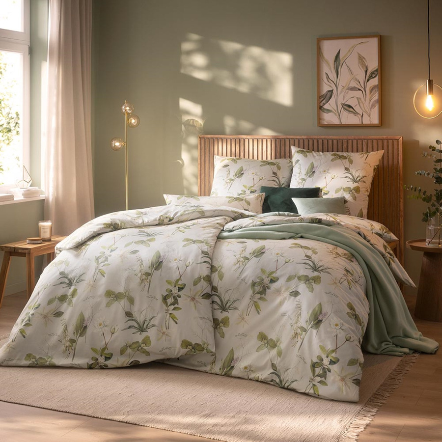 Estella Schweizer Premium Mako-Satin Bettwäsche Nadea Grün Beige Wiesenblumen mit Bettbezug und Kissenbezug B/H: 135 x 200 cm, Kissen: 80 x 80 cm - Bild 1