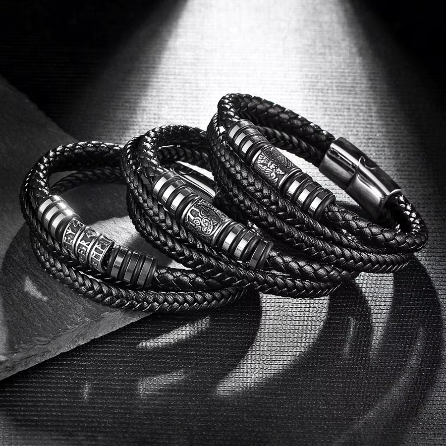 TOGA PULLA Armband, Edelstahl, schwarz geflochtenes Leder, Unisex - Bild 2