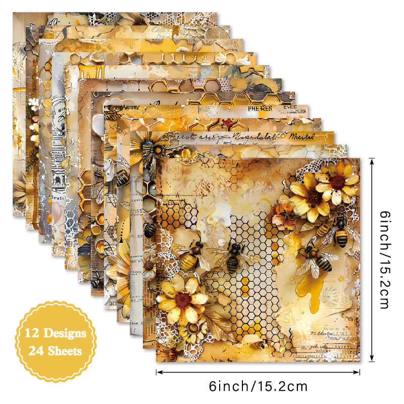 Alinacutle Honey Bee Cube Gemusterter Papierblock für Scrapbooking und Bastelarbeiten, 24 Blatt, Mehrfarbig - Bild 2