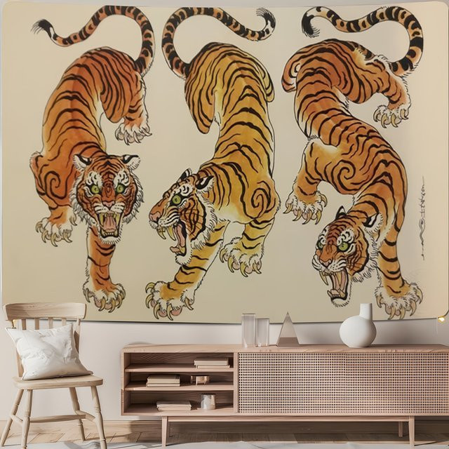 VIKAMA Japanischer Ukiyo-e Wandteppich mit drei Tigern im Tuschmalerei-Stil, Wandbehang in Multicolour, Breite: 60 cm, Höhe: 40 cm - Bild 1