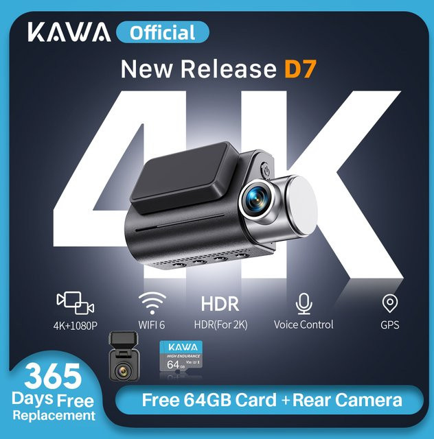 KAWA D7 4K Dashcam mit Front- und Rückfahrkamera, WiFi6 Videorekorder mit App- und Sprachsteuerung - Bild 1