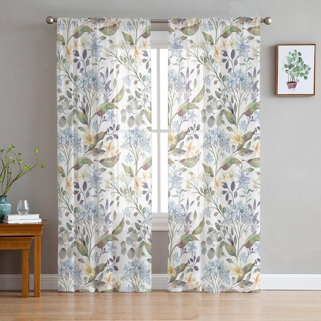 A Family Of Home Textiles Semi-transparente Tüll-Gardine mit floralem Hortensien-Muster, B/H: 135 x 160 cm, Mehrfarbig - Bild 1