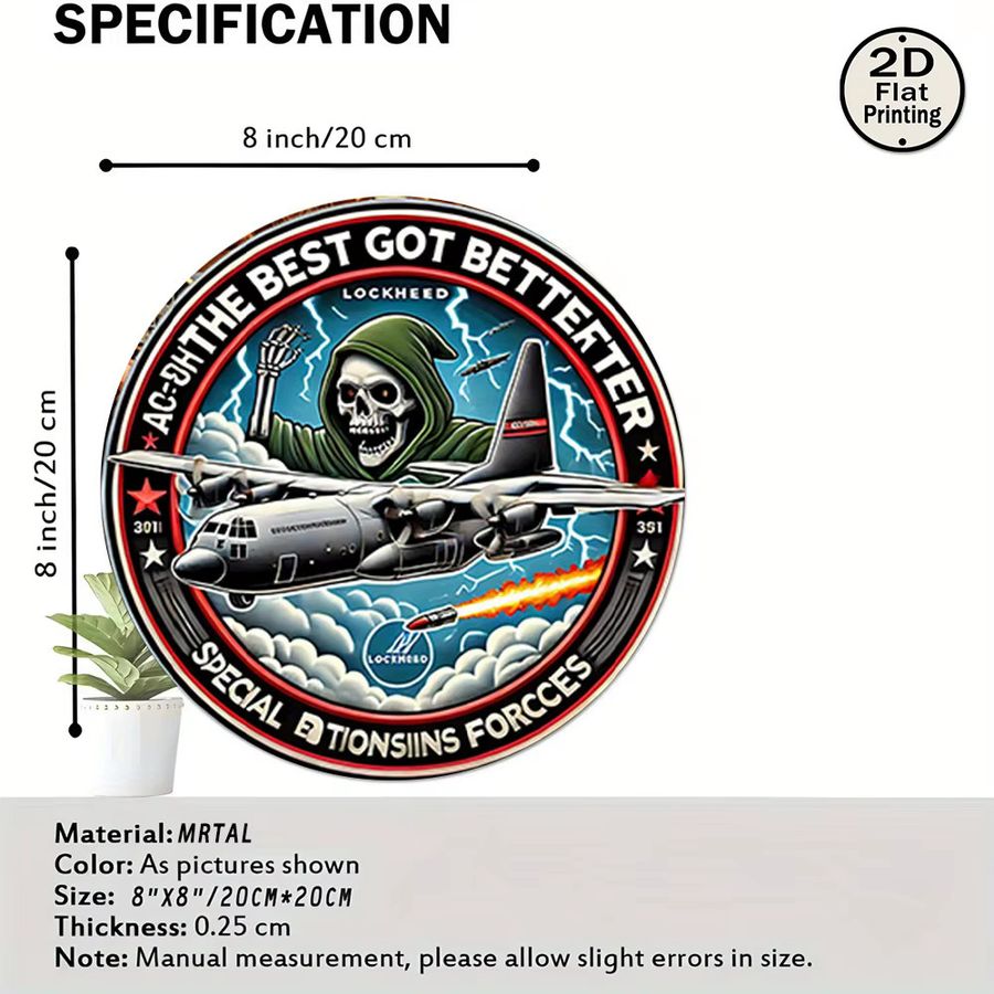 Potdemiel Vintage Metallwandschild rund mit Special Forces Abzeichen und Lockheed C-130 Hercules Design, Durchmesser: 20,32 cm - Bild 2
