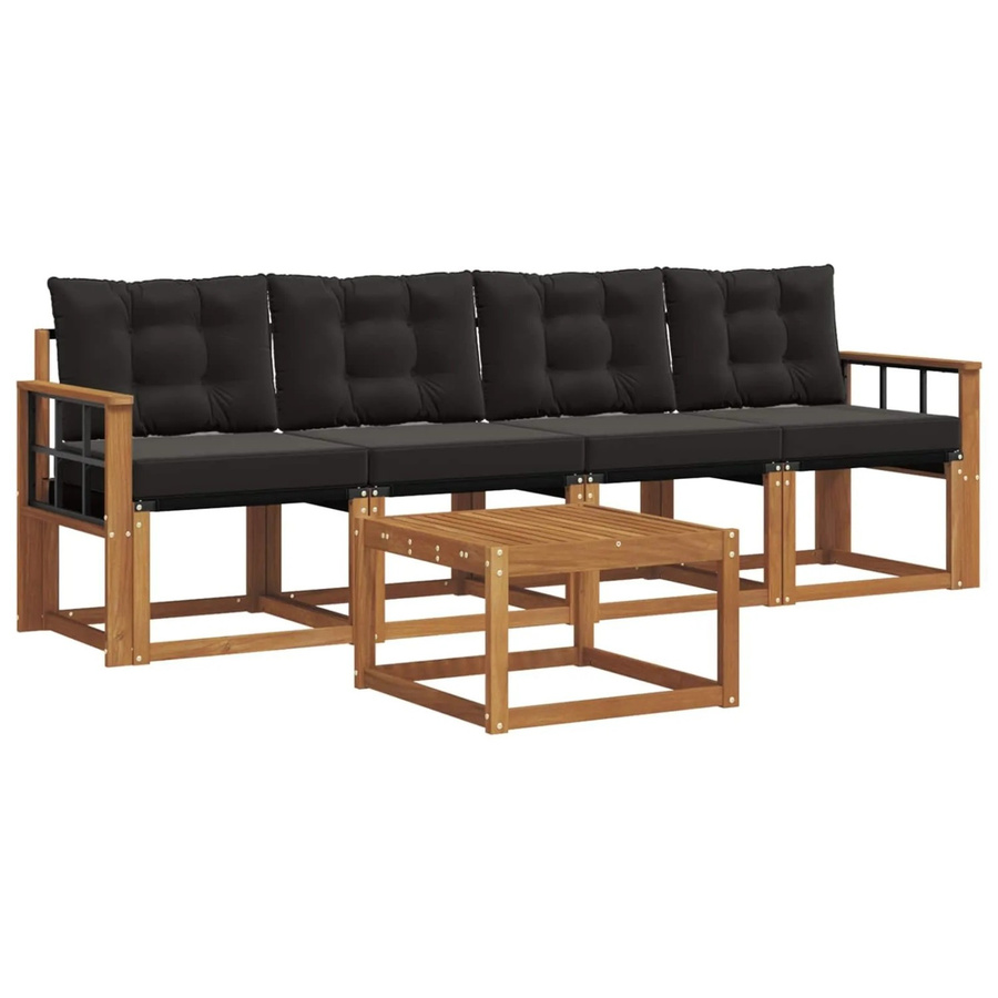 vidaXL Outdoor-Sofagarnitur 5-teilig aus Akazienholz und Textilene in Natur und Schwarz mit Kissen - Bild 2