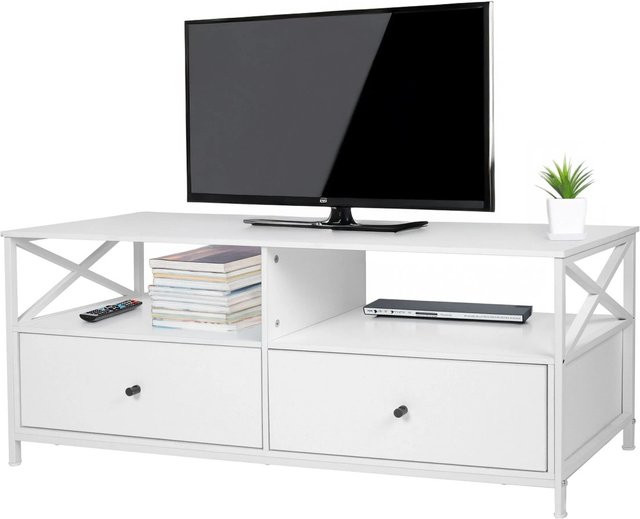 Relaxdays Modernes TV Lowboard aus MDF und Stahl in Weiß mit Schubladen, B/T/H: 120 x 40 x 50 cm - Bild 1