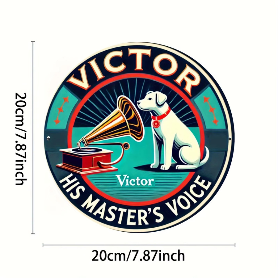 Victor His Master's Voice Rundes Aluminiumschild von Potdemiel – Vintage Metallwandkunst mit Hund und Grammophon, Mehrfarbig, Durchmesser: 20,3 cm - Bild 2