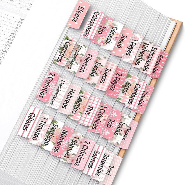 75 Stück Spanische Bibel-Tabs in Pink mit 66 gedruckten Index-Etiketten für Altes und Neues Testament sowie 9 leeren Tabs zur individuellen Gestaltung - Bild 1