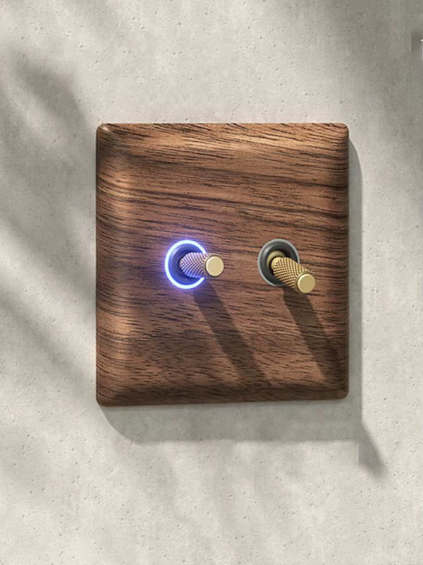 Retro Wandlichtschalter mit Echtholz-Walnuss-Panel und Antik-Messing-Knopf sowie blauer LED-Beleuchtung - Bild 6