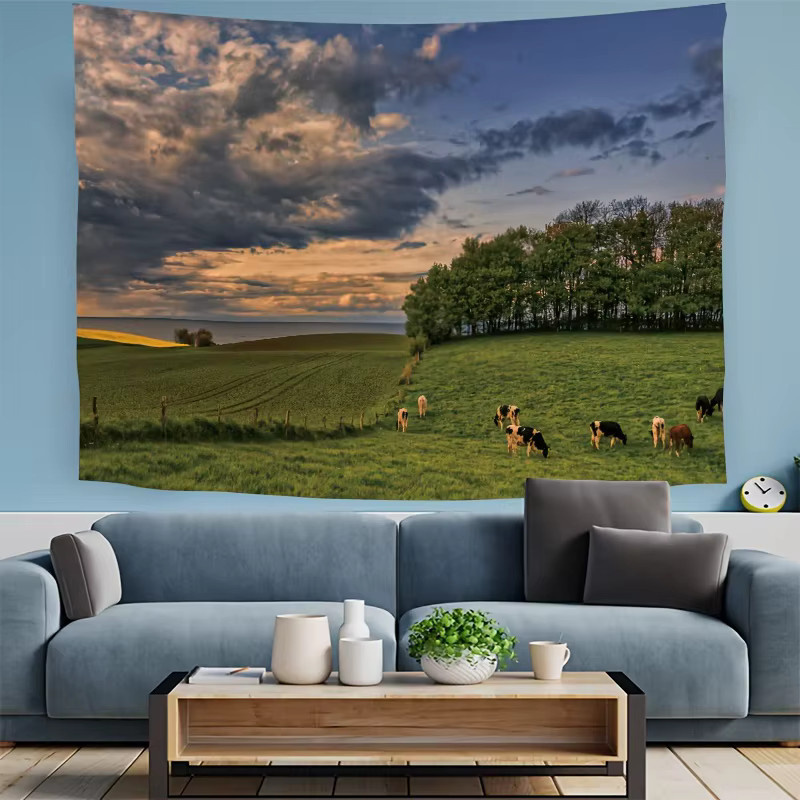 VIKAMA Pastoraler Wandteppich mit Wolken und Wiesen in Mehrfarbig, Rustikaler Stil, B/H: 60 x 40 cm - Bild 2