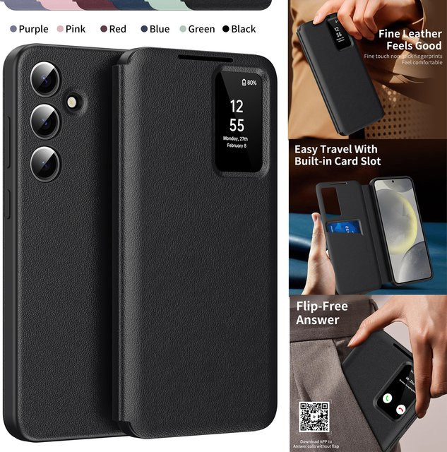 Premium Leder Brieftasche Flip-Hülle für Samsung A57 A37 A17 A56 mit Smart Display und Klarsichtfenster in Schwarz oder Lila - Bild 1