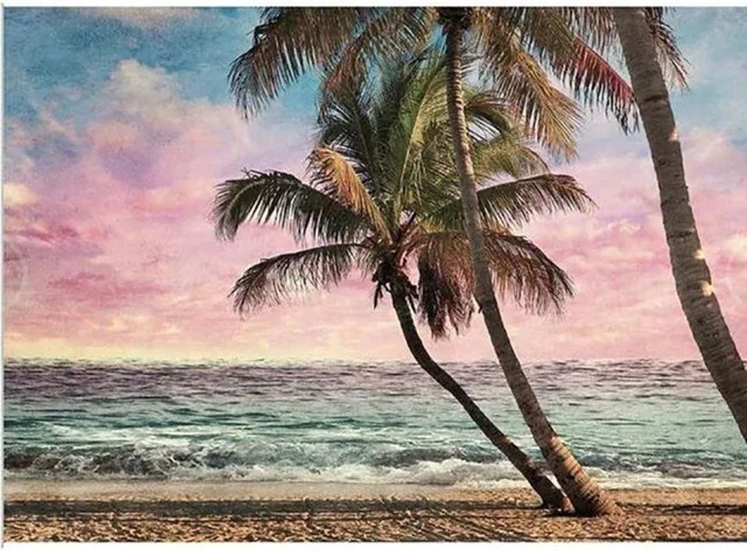 Zeegolven Diamond Painting DIY Set mit Sonnenuntergang und Kokospalmen, Wanddeko im maritimen Stil, mehrfarbig, B: 30 cm x H: 20 cm - Bild 1