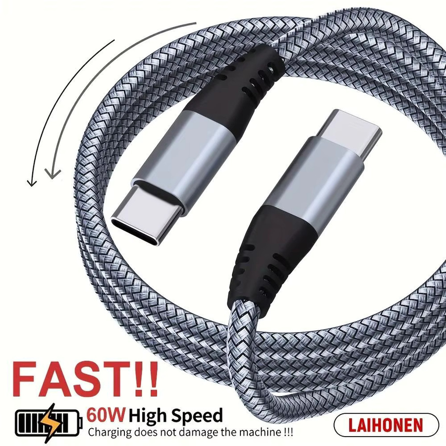 LAIHONEN USB-C zu USB-C Kabel mit 60W PD und 3A, Nylon-Ummantelung, 480Mbps Datenübertragung, Farbe: Grau - Bild 6