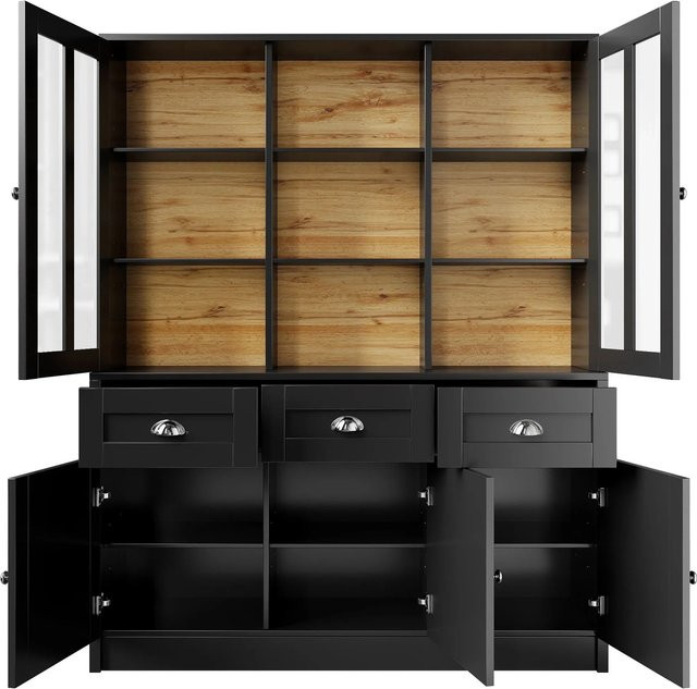 Merax Hochschrank in Schwarz mit Glastüren und Schubladen, minimalistisches Design für Küche und Wohnzimmer, B/T/H: 140 x 38,5 x 175 cm - Bild 1