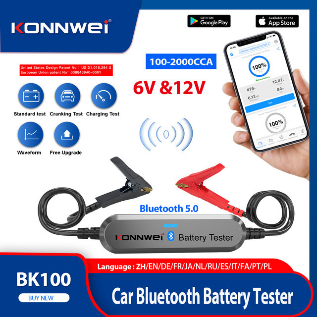 KONNWEI BK100 Bluetooth 5.0 Batterietester für Auto und Motorrad, 12V Batteriemonitor mit 100-2000 CCA Lade- und Startstromtest, Schwarz - Bild 1