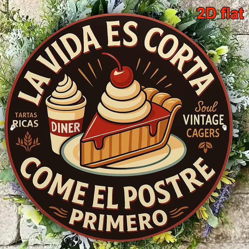CIFBUY Vintage Wandtafel aus Metall mit Aufschrift Life Is Short Eat Dessert First, runde Bäckerei-Dekoration in Multicolour, Durchmesser: 20,3 cm - Bild 4