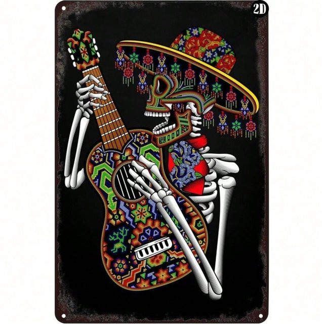 CIFBUY Day Of The Dead Skelett-Gitarren Metallschild im Vintage-Stil, Mehrfarbiges Mexikanisches Dekor mit Blumenmotiv, B/H: 20,3 x 30,5 cm - Bild 1