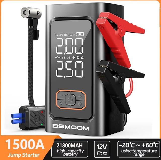 BIUBLE Kabelloser Reifenfüller und Auto-Notstartgerät mit 1500A Batterie-Booster, Powerbank und LED-Taschenlampe, 12V Automatisches Starthilfegerät in Schwarz - Bild 1