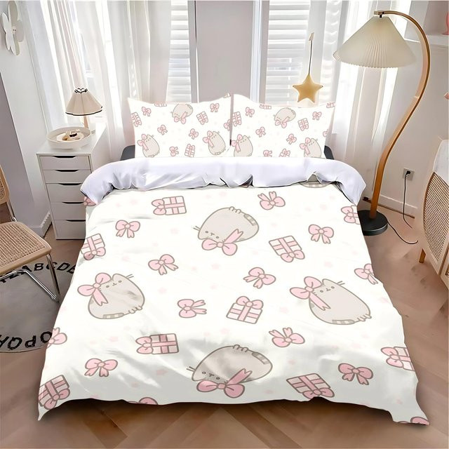 MINISO Bettwäsche-Set mit Pusheen-Katzen-Motiv, weißes Bettwäsche-Set aus Mikrofaser bestehend aus Bettbezug und Kissenbezug, B/H: 210 x 210 cm - Bild 1