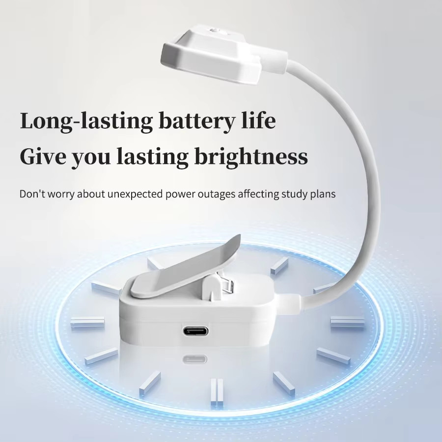 GGBEE Mini-LED-Buchlampe zum Anklemmen in Weiß, dimmbar mit 3 Farbmodi, wiederaufladbar über USB-C, flexible Leselampe mit Schwanenhals für Studium und Wohnheim - Bild 5
