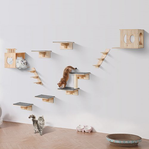 VEVOR Wandmontierte Katzenregale Set aus 9 Teilen mit Hängematte und Sprungbrettern aus Kiefernholz in Braun und Beige - Bild 1