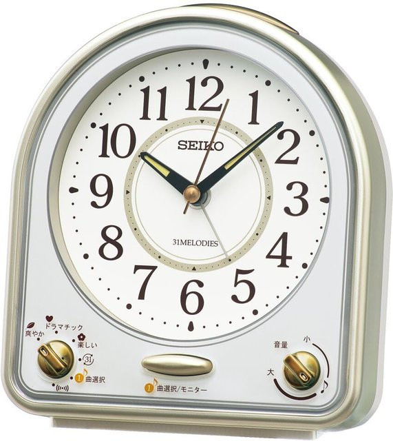 Seiko Tischwecker Analog in Hellgold und Weiß mit Perlmutt-Zifferblatt und Melodien, B/T/H: 13,9 x 12,6 x 7,0 cm - Bild 1