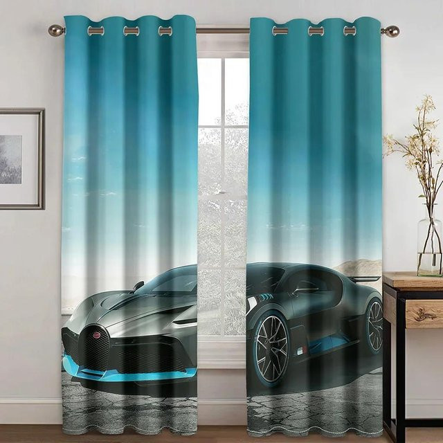Yiran Furniture Vorhänge für Kinder mit LKW-Rennwagen und Geländewagen Motiv, Blau/Mehrfarbig, Set aus 2 Stück, halbtransparent, Polyester, Höhe: 135 cm, Breite: 50 cm - Bild 1