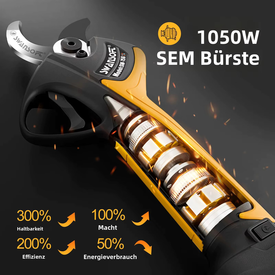 SWANSOFT Elektrische Gartenschere Schwarz mit 1050W Motor, 21V Akku-Gartenschere inklusive 2x 4Ah Akkus für professionelles progressives Schneiden bis 40 mm - Bild 4