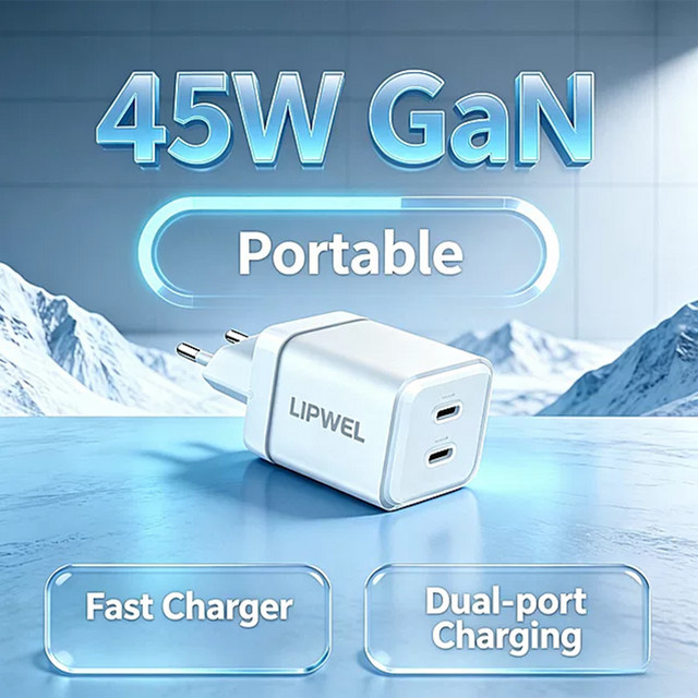 LIPWEL GaN 45W Dual USB-C Schnellladegerät mit EU-Stecker in Weiß - Bild 1