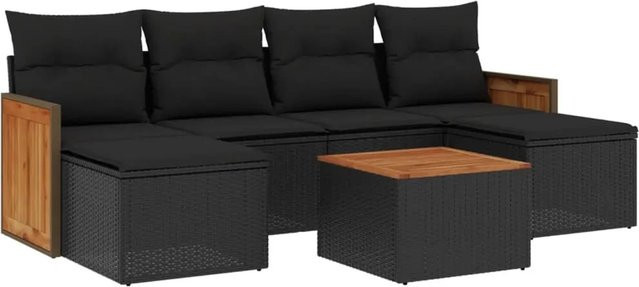 vidaXL 7-tlg Garten-Sofagarnitur aus Polyrattan mit Kissen in Schwarz - Bild 1