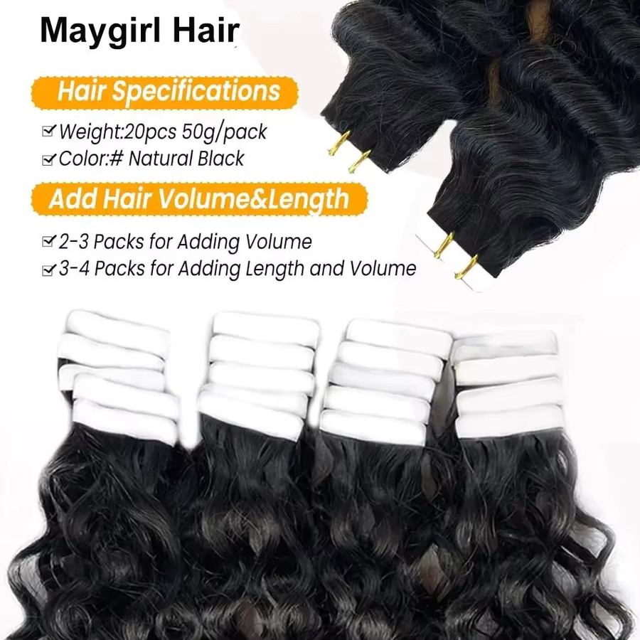 xbeauty Deep Wave Tape In Extensions, 100 % Echthaar, Deep Curly, 1B - Bild 5