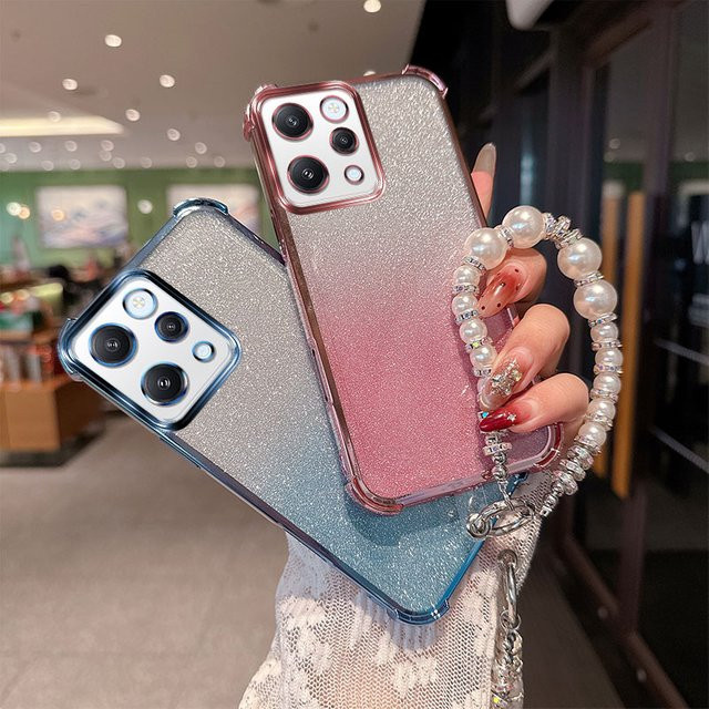 Stoßfeste TPU-Handyhülle mit luxuriösem Perlenketten-Handgelenksband für Xiaomi Redmi 12 4G und Poco M6 Pro 5G in Pink mit Gradient Glitter Design - Bild 1