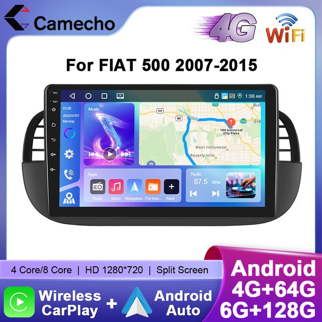 Camecho Wireless CarPlay Android Auto Multimedia Player für FIAT 500 2007-2015, 6 GB RAM + 128 GB Speicher, Schwarz, mit GPS, WiFi und 4G Unterstützung - Bild 1